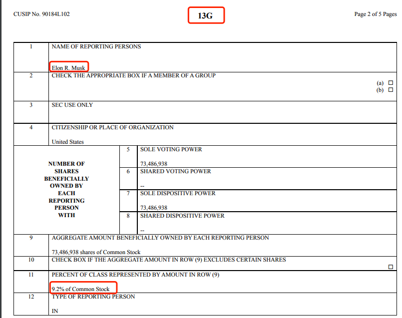 马斯克提交的13G文件