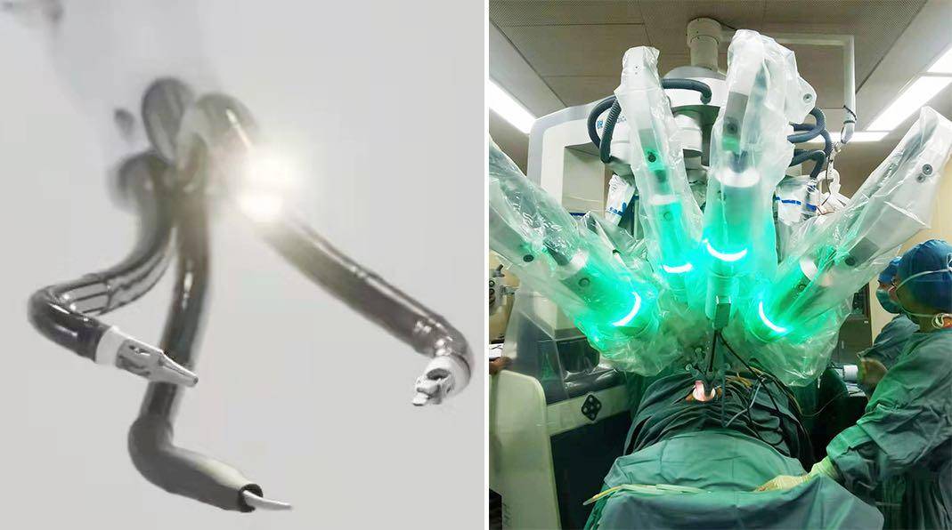 左:蛇形手术工具及内窥镜(图片来源于北京术锐);右:手术机器人机械臂