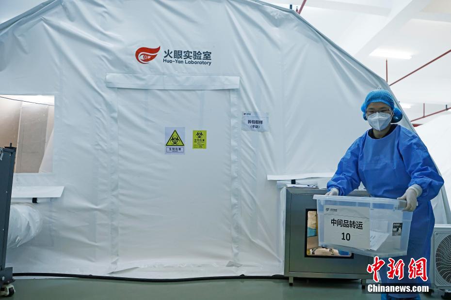 工作人员正在搬运等待检测的核酸检测样本。 殷立勤 摄