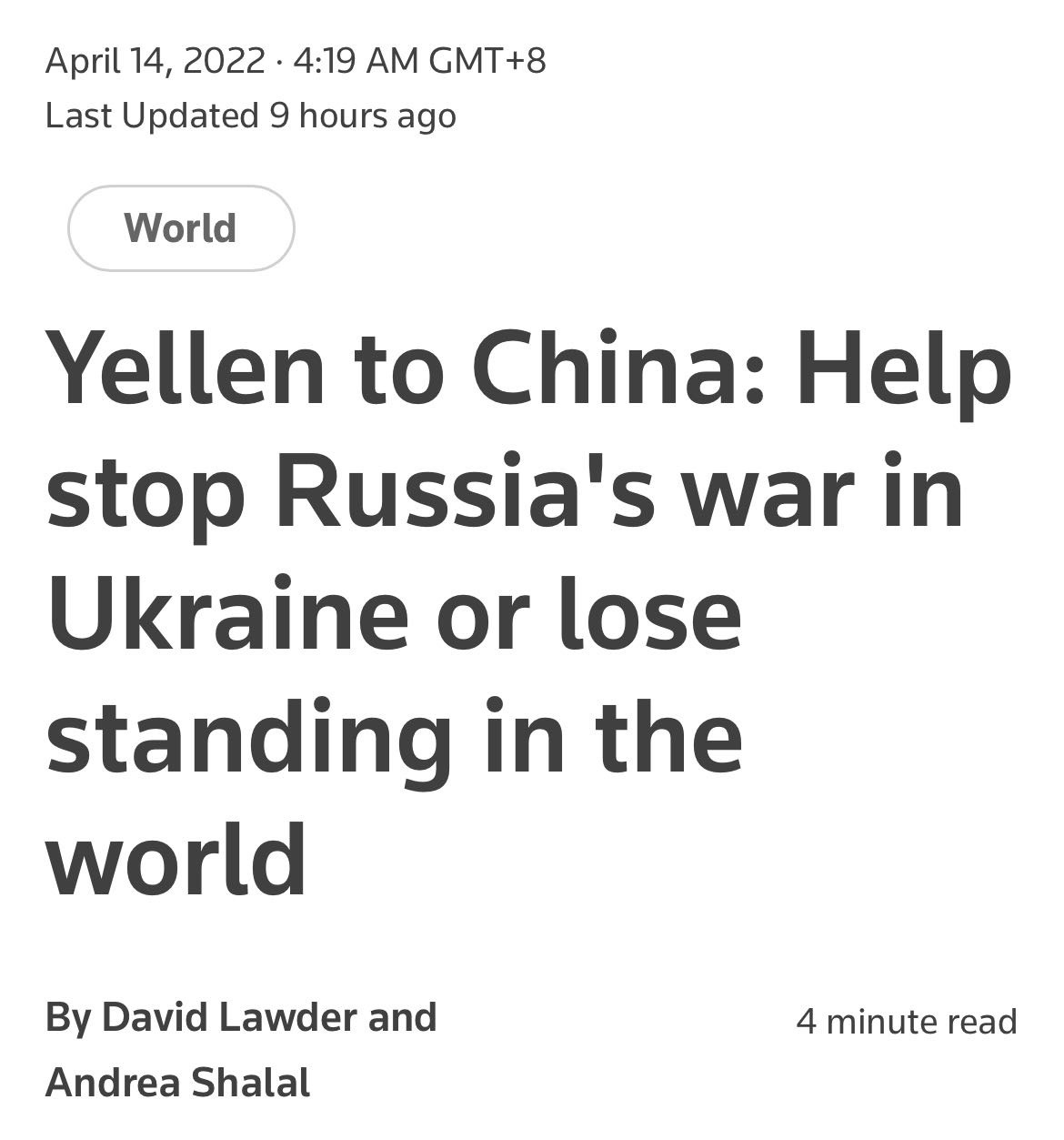 路透社：耶伦对中国说：帮助阻止俄罗斯在乌克兰的战争，否则将失去在世界上的地位