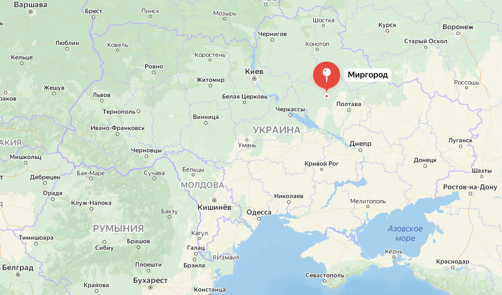 Yandex地图上乌克兰中部波尔塔瓦州米尔哥罗德地区位置示意图，该地在基辅以东超200公里，距离俄罗斯国境约150公里