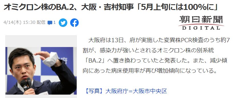 日本大阪府知事吉村洋文称,到5月上旬,大阪地区所有新冠病例都将变为