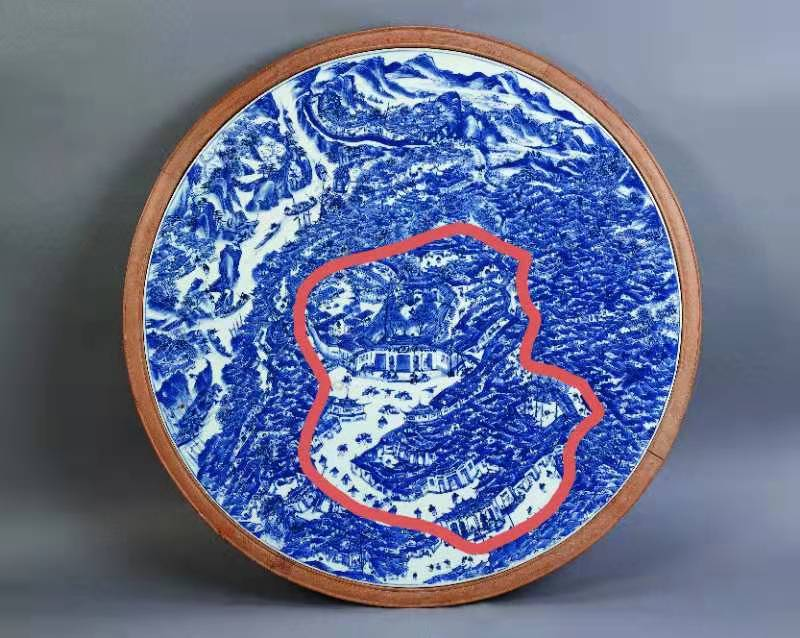 清道光年间青花御窑厂图瓷板.其中,红圈范围为当时御窑厂的区域.