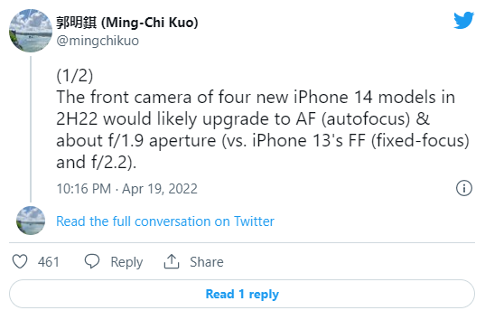 iPhone 14或升级前置摄像头 自动对焦和更大光圈