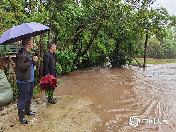 受降雨影响，4月24日上午，重庆青龙村道路积水严重。（图/秦银春）