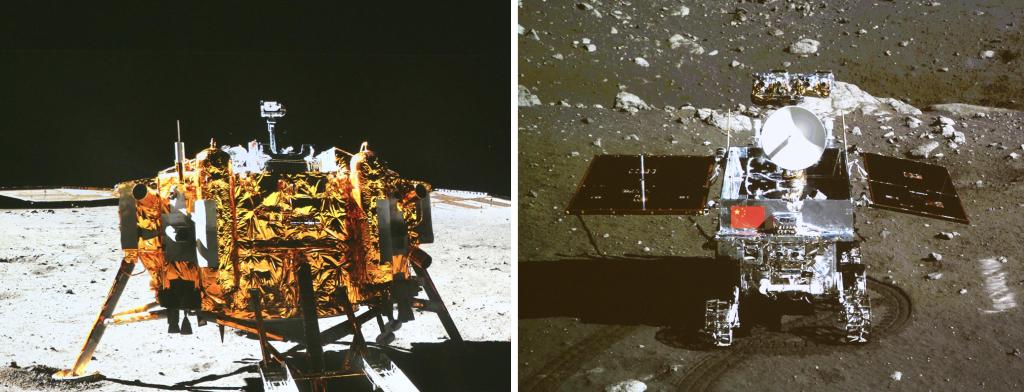 2013年12月15日，正在月球上开展科学探测工作的嫦娥三号着陆器和巡视器进行互成像实验，“两器”顺利互拍，嫦娥三号任务取得圆满成功。这是北京飞控中心大屏幕上显示的嫦娥三号着陆器、巡视器互拍成像（拼版照片，2013年12月15日摄）。新华社记者丁林摄