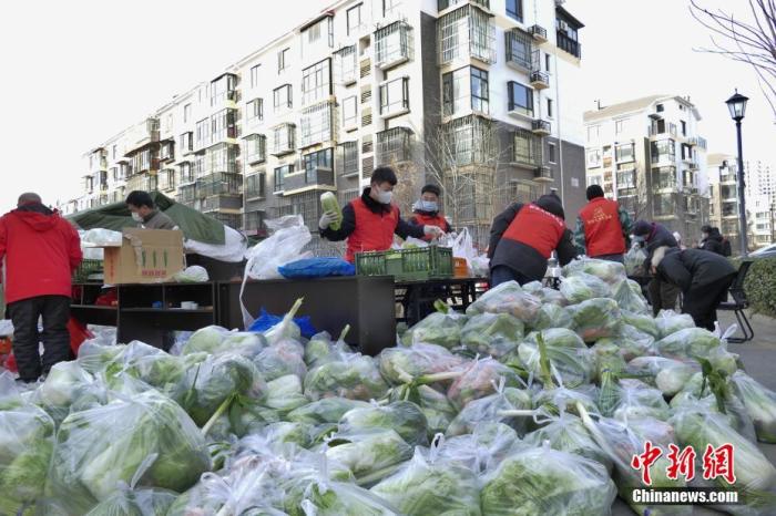 资料图：天津市西青区，社区工作者在生活物资保障点为居民分装蔬菜。中新社记者 佟郁 摄