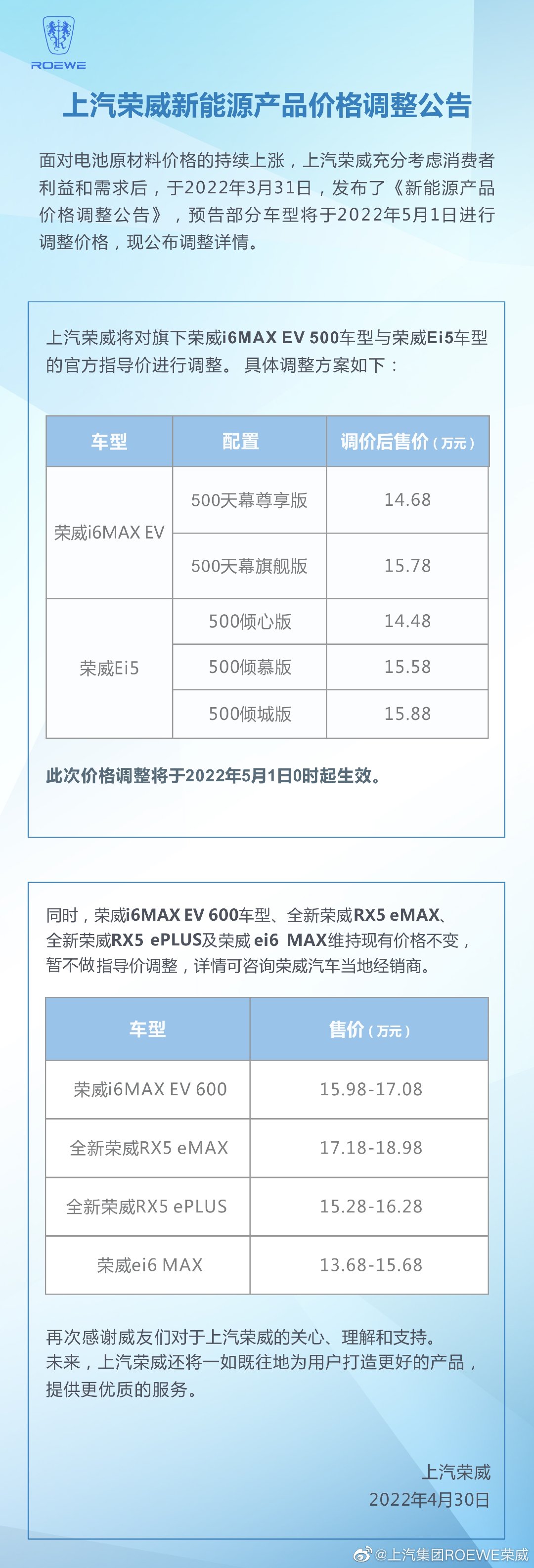 受原材料价格影响 上汽荣威新能源产品宣布调价