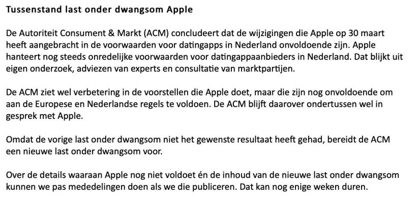 苹果|荷兰监管机构正准备向苹果开出新一轮罚款，称其对约会App的调整不够