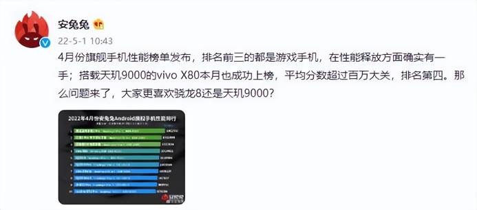 安兔兔4月安卓旗舰手机性能榜单公布，搭载天玑9000的vivo X80杀入旗舰机性能前五(图源安兔兔)