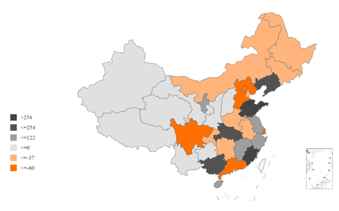 图5：我国水产品供需量差异地图（单位：万吨）