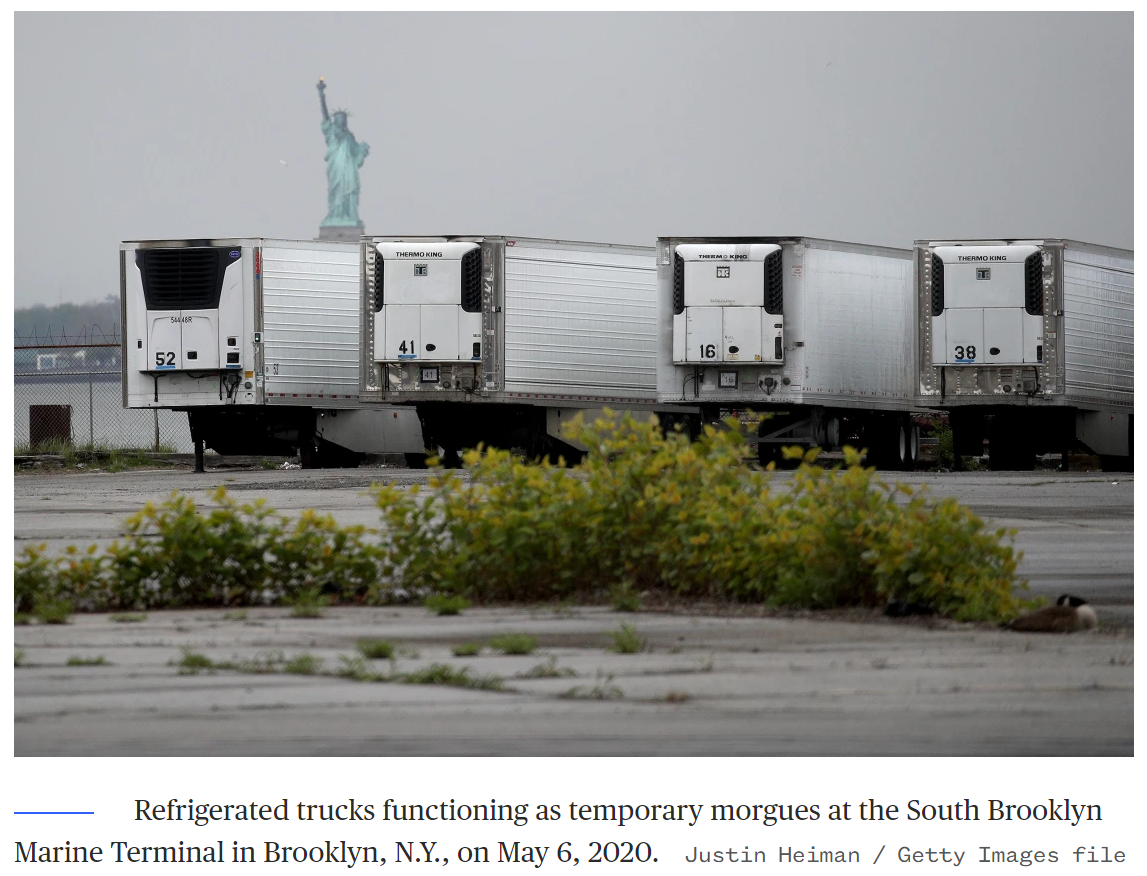 在纽约布鲁克林的南布鲁克林海运码头，冷藏车充当临时停尸房。2020年5月6日
