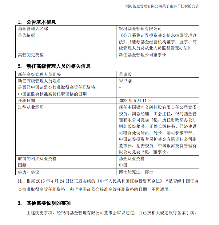 “尘埃落定！银河金控副总经理宋卫刚任银河基金董事长，人事动荡能结束？