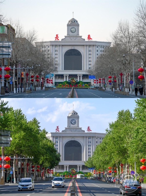 (上图为2022年3月21日拍摄的长春火车站南广场,下图为2022年5月6日