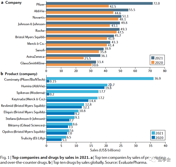 2021年全球销售额最高的十大药企和药物