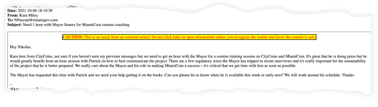 在去年 10 月发给迈阿密市的邮件中，CityCoins 未明确提及监管方面的问题。