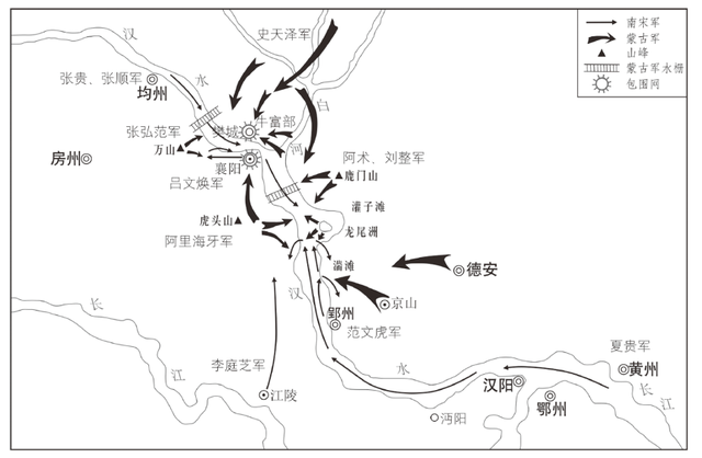 蒙古南宋襄樊战役经过示意图(1271-1273)(《中国古代战争的地理枢纽》