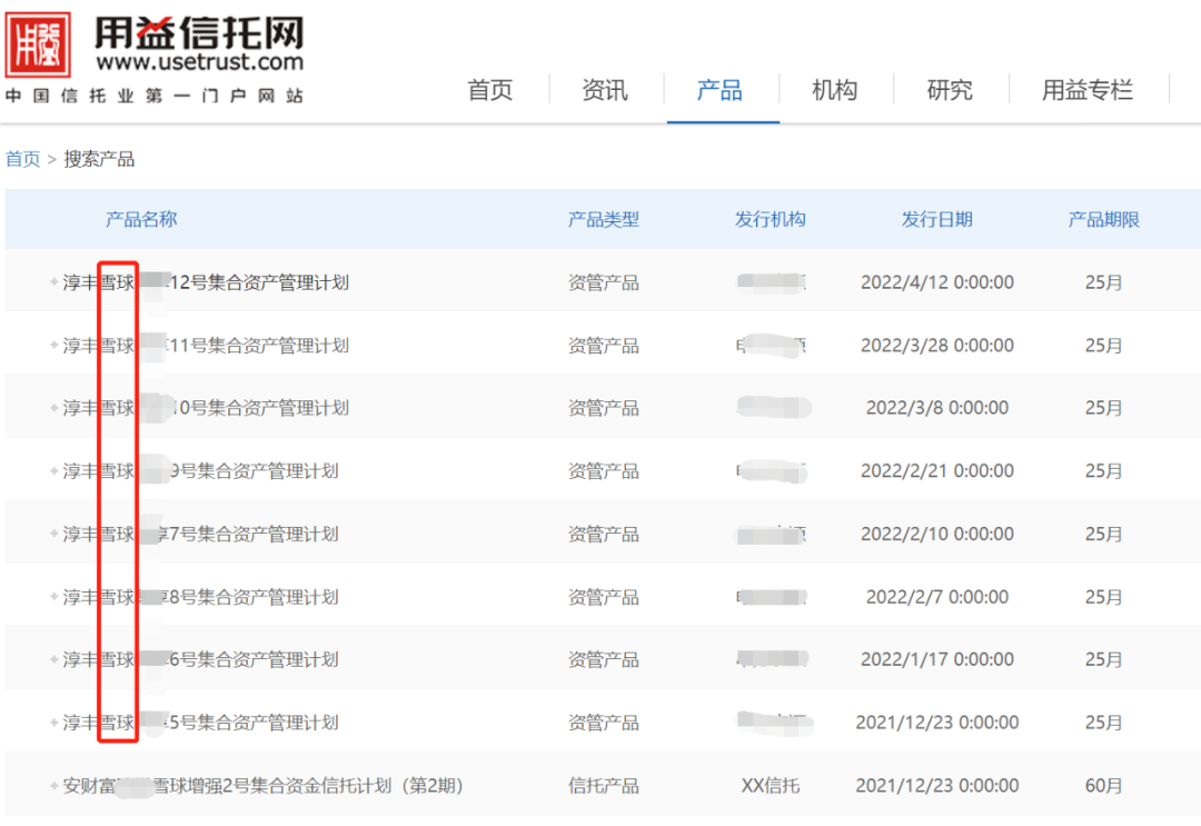 （用益信托网上搜得的名称中带有“雪球”的雪球结构产品）