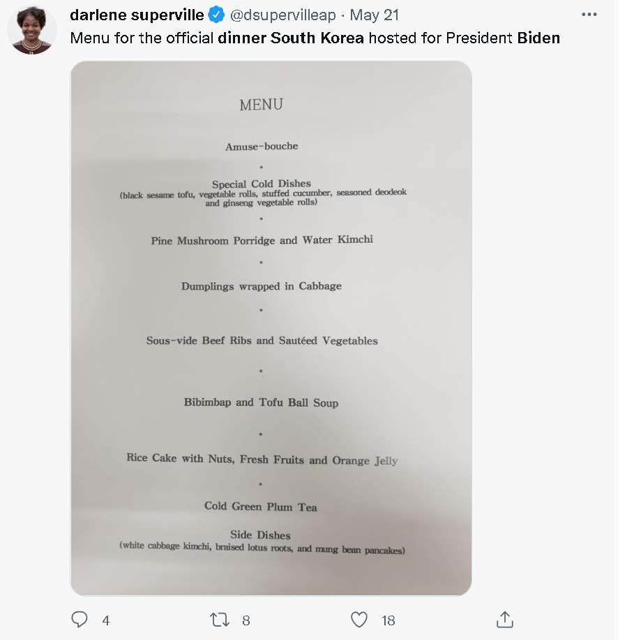 韩国总统宴请美国总统拜登国宴菜单曝光包括水泡菜饺子石锅拌饭