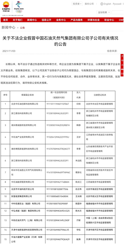 中弘卓越（福建）集团有限公司、中油科技在上表中的序号分别为12和9。图片来源：中石油集团官网截图