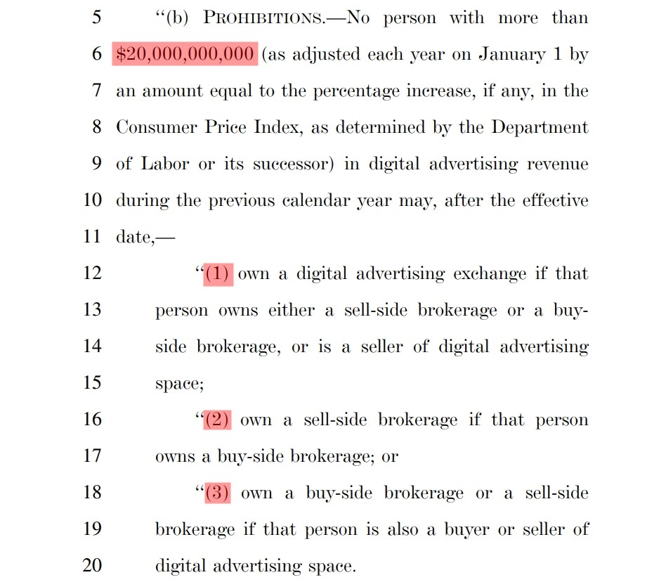 图 ： 数字广告竞争与透明度法提案(第5页)有关大于200亿美元数字广告交易营业额的企业参与多个数字广告环节的限制