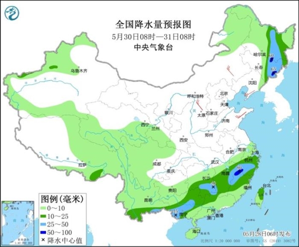 图4 全国降水量预报图(5月30日08时-31日08时)