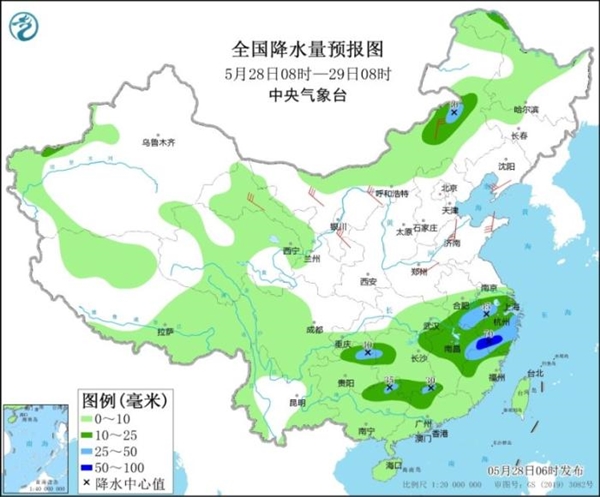 图2 全国降水量预报图(5月28日08时-29日08时)