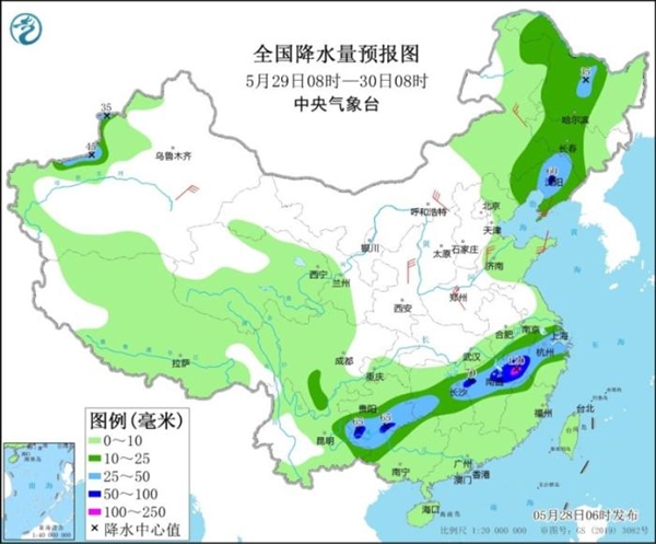 图3 全国降水量预报图(5月29日08时-30日08时)