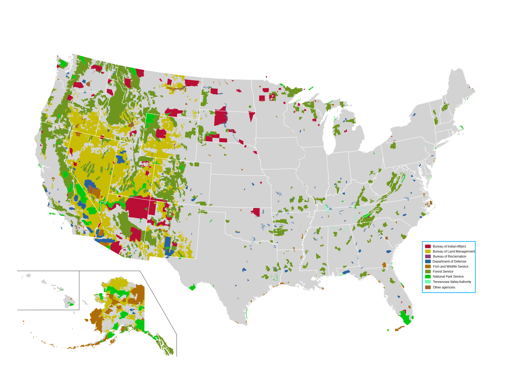 彩色为美国联邦土地，其中绿色代表林务局管理的土地（图源《美国国家地图集》）