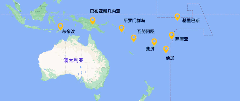 澳大利亚广播公司(abc)制作的澳大利亚与南太平洋八国地理位置图
