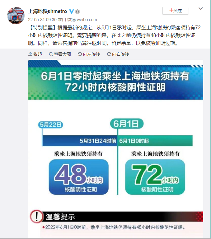 上海地铁：6月1日起，乘客须持72小时内核酸阴性证明