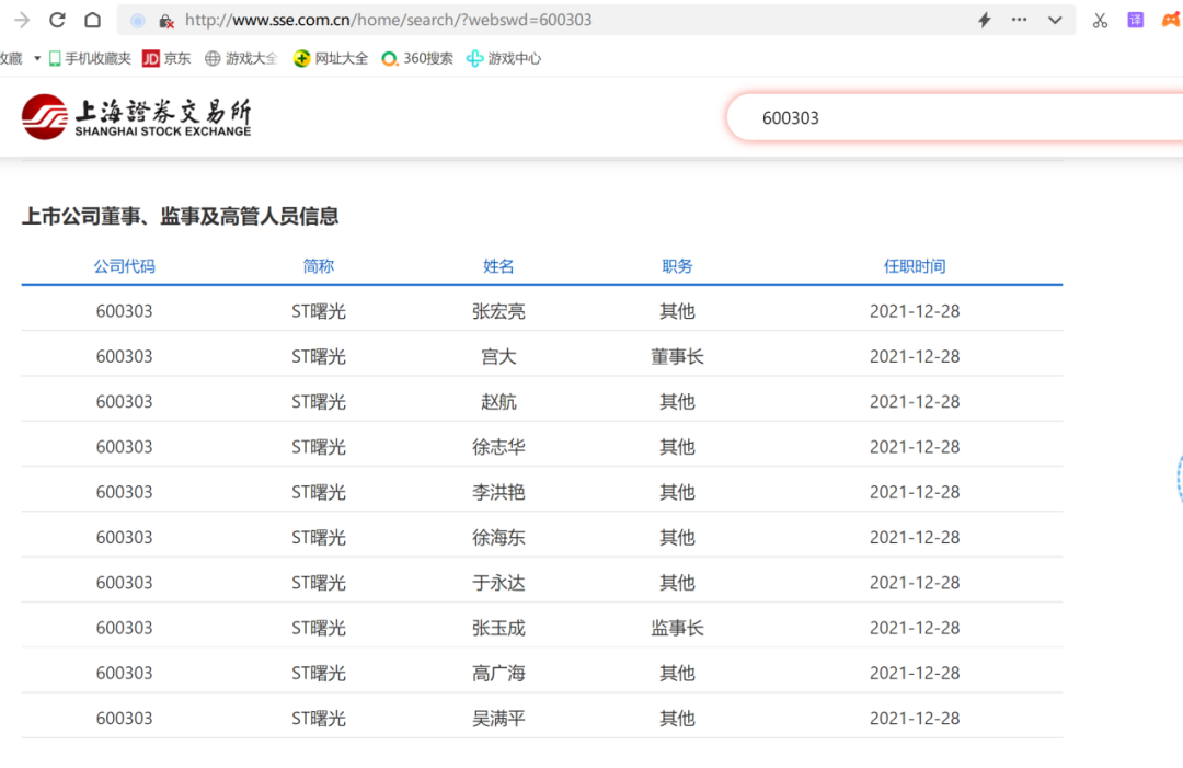 图为ST曙光在上海证券交易所官网“上市公司董事、监事及高管人员信息”页面显示的董监高信息