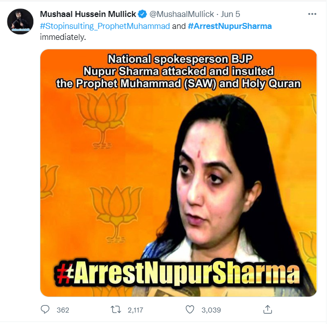 推特上，一名抵制印度人民党发言人的穆斯林网民 图源：社交媒体