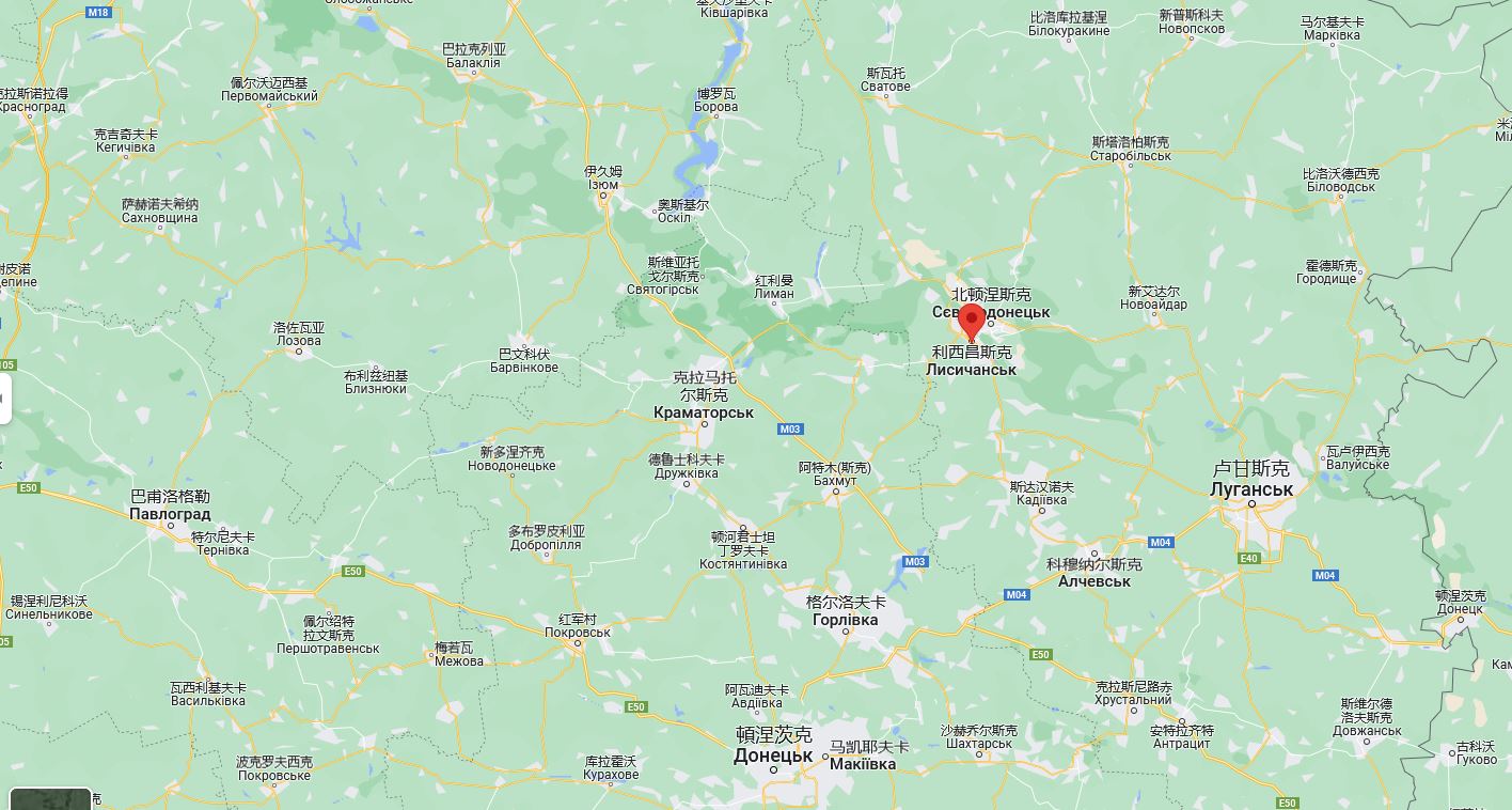 泽连斯基访问的利西昌斯克，与北顿涅茨克仅一河之隔 谷歌地图