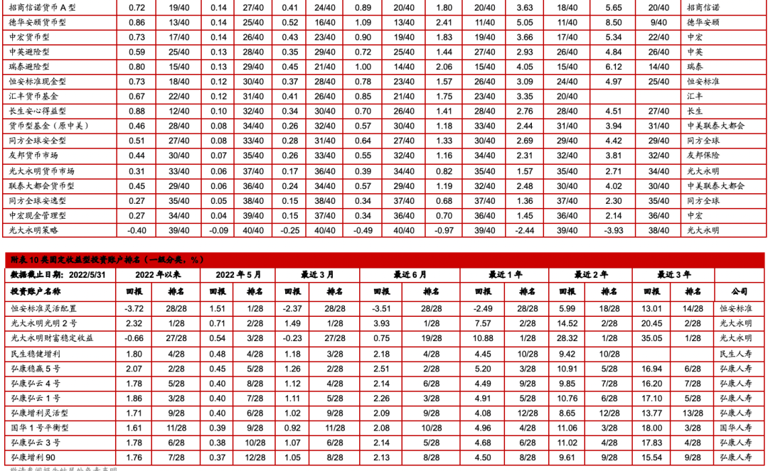 中国投连险分类排名（2022—05）