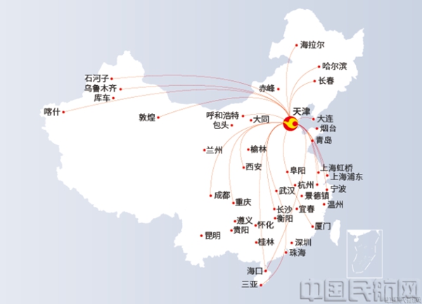 天津航空2022年国内航线图