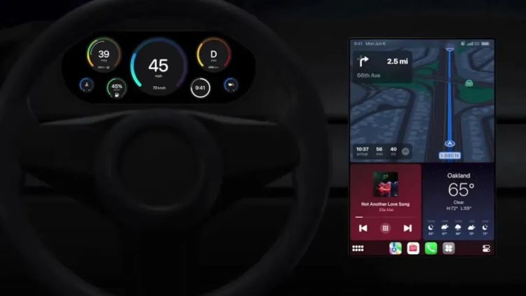 新版 CarPlay 同时接管仪表盘和中控娱乐系统屏幕的效果 图片来源：苹果