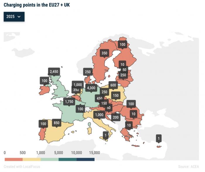 欧洲各国电动汽车基建水平差异巨大。图源：ACEA