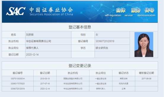 　　图为国融证券时任财务顾问主办人刘彦辰执业情况，目前担任华创证券保代