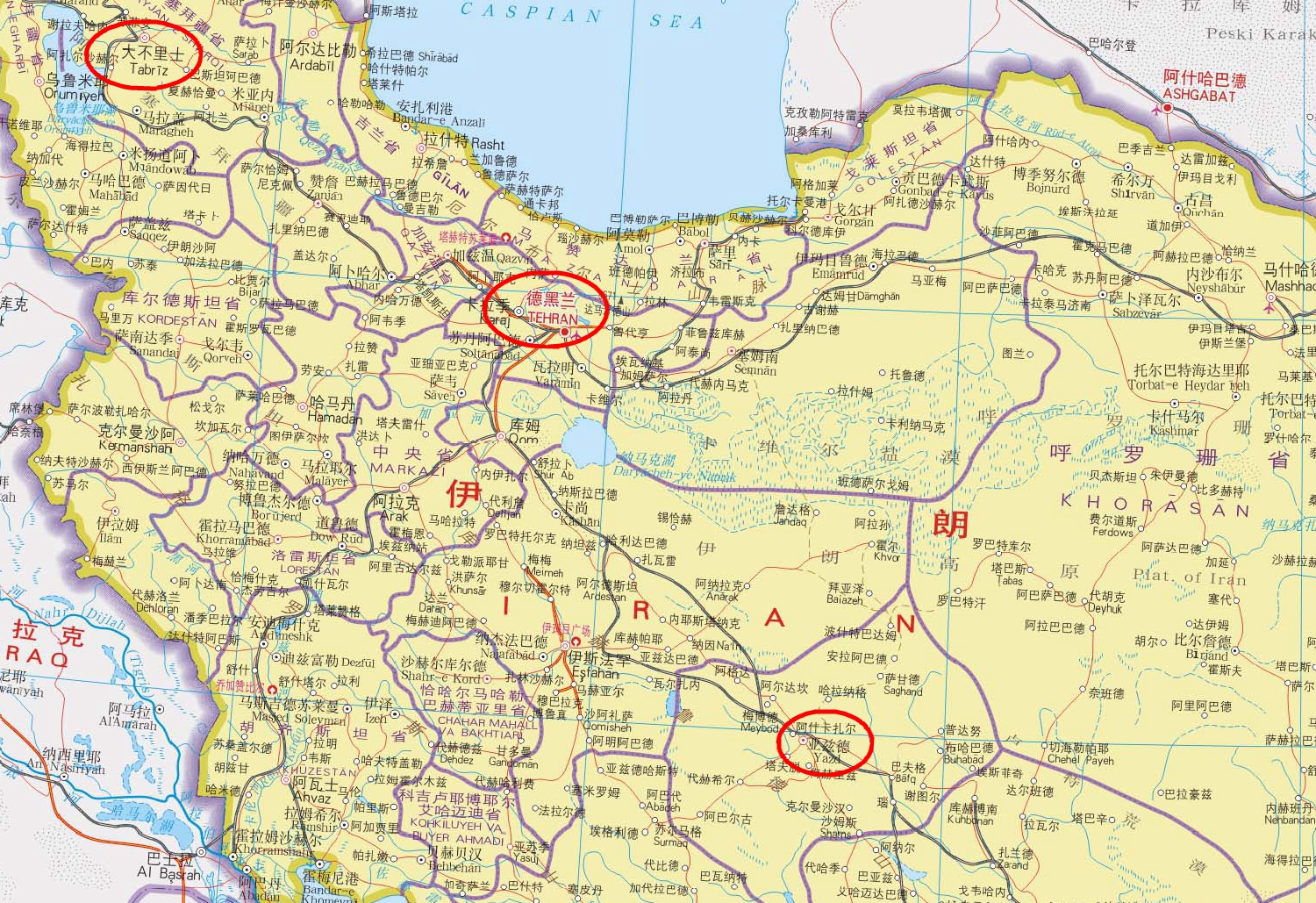 大不里士,德黑兰和亚兹德的位置