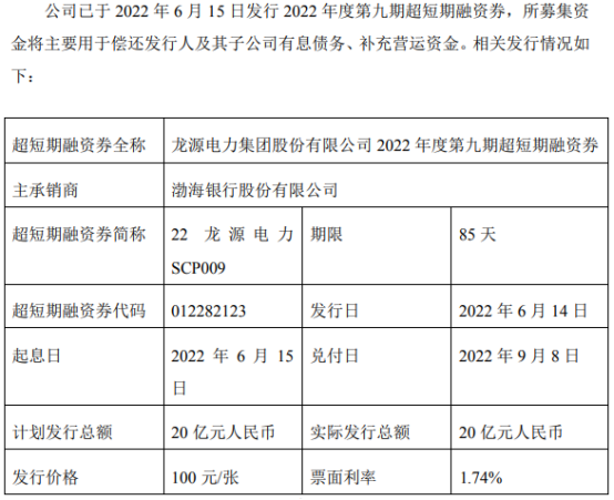 公告显示,龙源电力本期短期融资券简称22龙源电力scp009,交易代码