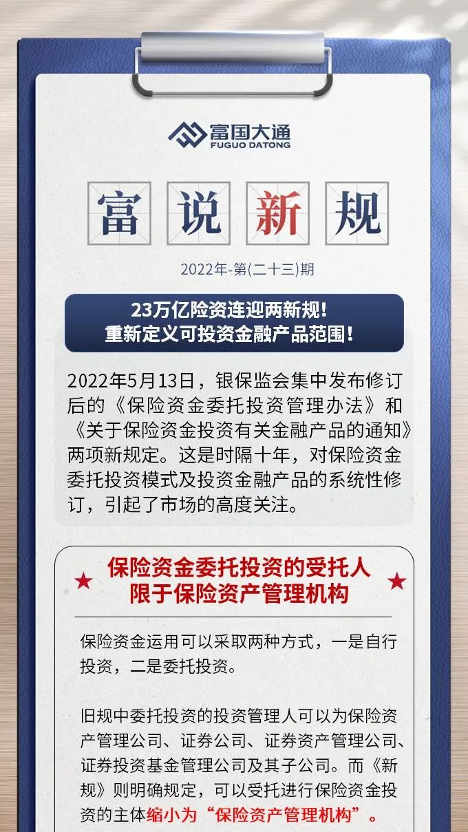 “富说新规 | 23万亿险资连迎两新规！重新定义可投资金融产品范围！