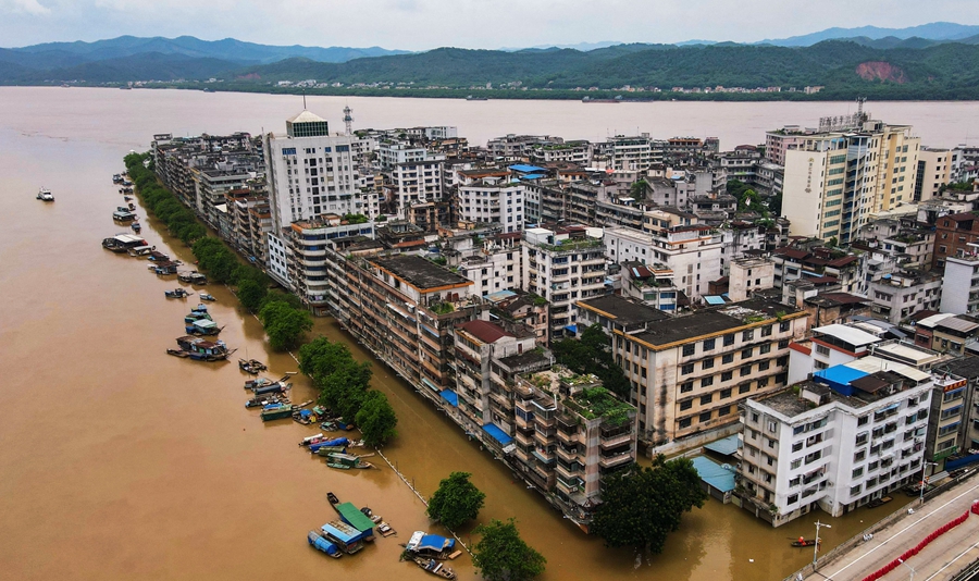 6月19日，航拍广东省封开县江口街道给居民免费摆渡的船只。 （南方日报 张迪 摄）