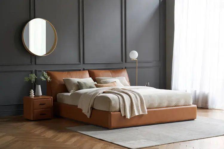 　　●舒芙蕾真皮收纳床+床头柜，暖阳橘