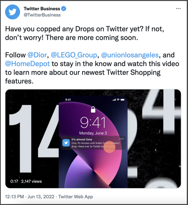 迪奥、乐高、家得宝等品牌是第一批使用Product Drops功能的公司 图源：Twitter