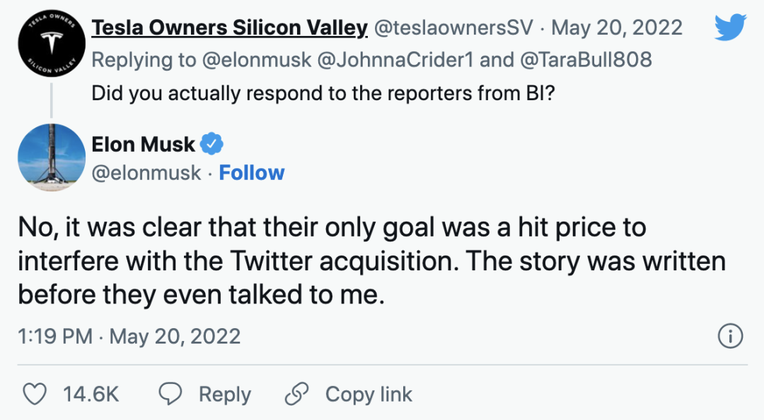 马斯克回复：“很明显，他们唯一的目标是干扰推特收购案，这篇文章写出之前根本没跟我交流过。”图源：马斯克推特