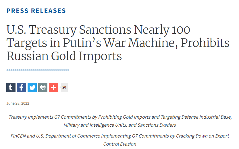 美国公布新一轮对俄制裁措施：禁止进口俄罗斯黄金