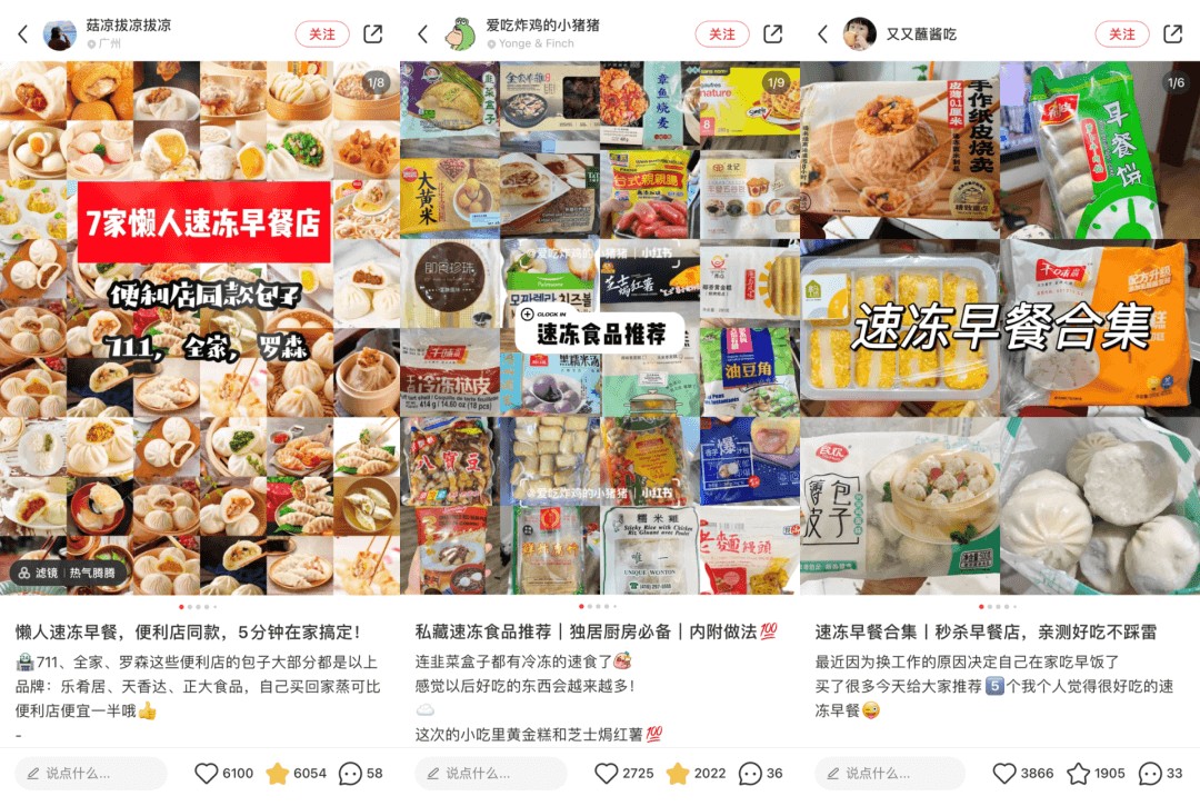 小红书上能看到不少速冻米面类食品做早餐的分享，图片来源：小红书 菇凉拔凉拔凉，爱吃炸鸡的小猪猪，又又蘸酱吃