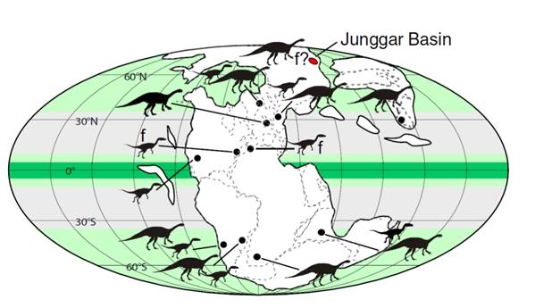 晚三叠世准噶尔盆地古地理位置及恐龙分布图（南京古生物所供图）