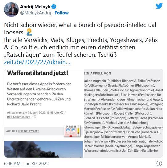 乌克兰驻德国大使安德烈•梅利尼克推特截图